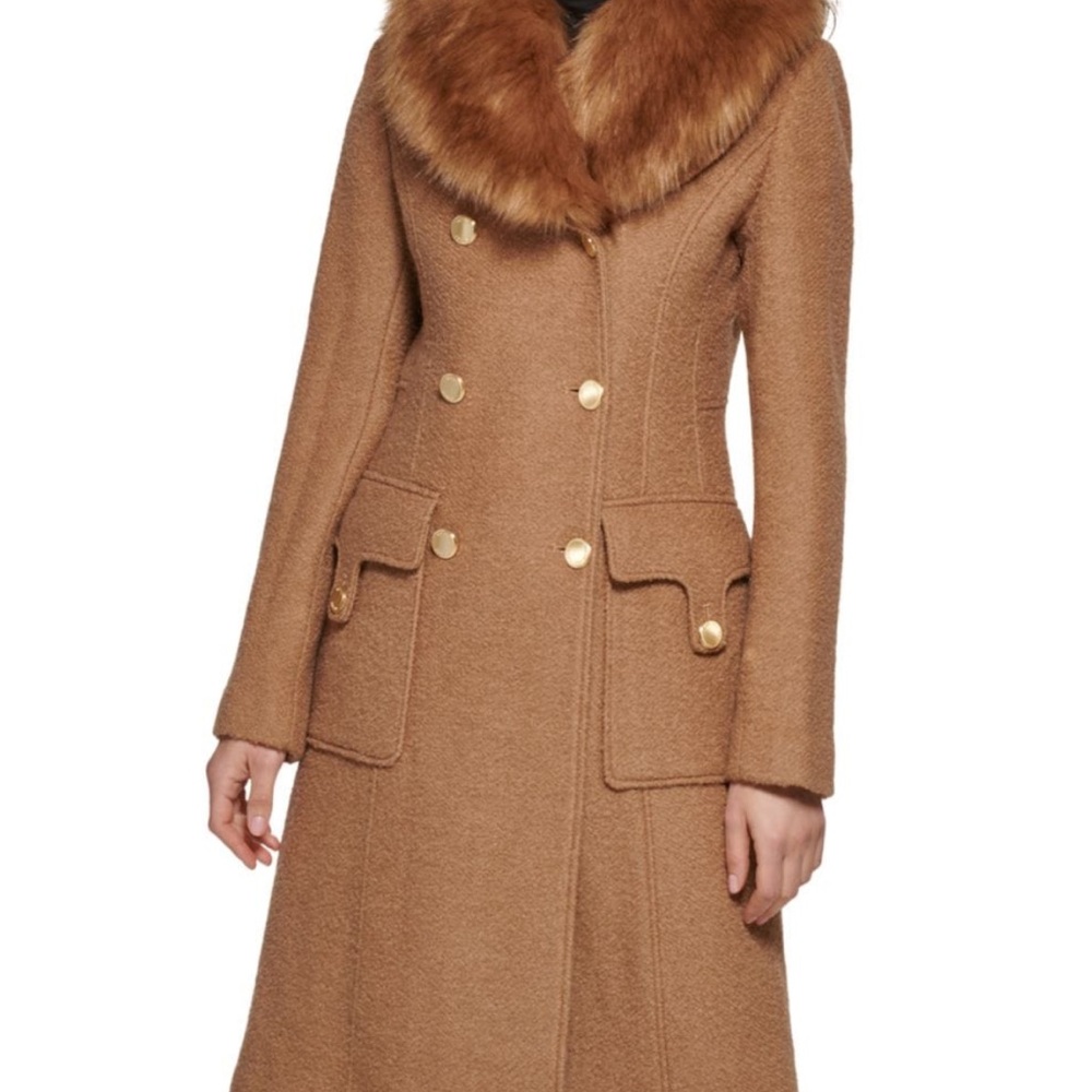 Guess Tan Trench Coat with Luxurious Fur Collar